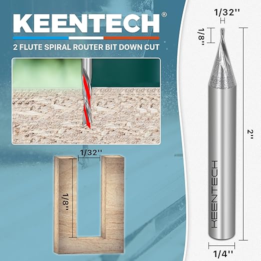 KEENTECH 1/4" Shank Downcut 2 Flute Flat Tip Sprial Router Bit for CNC Router Machine, 1/32" Cutting Diameter, 1/8" Cutting Depth, for Wood Cutting, Custom Furniture, Slot Mortise, Engraving, Carving