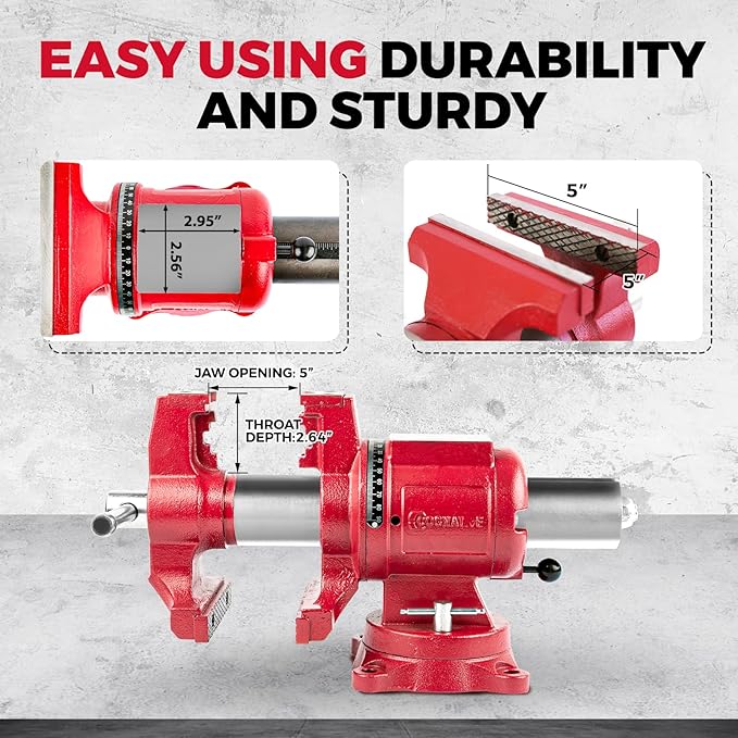 COGNATIVE Upgraded UPG 5-Inch Terminal Location Bench Vise with Ductile Iron Bench Vise 360째 Multi-Purpose Bench Vice with Anvil and Positioning Pins, Clamp force 8800lbs, Red Swivel Vise
