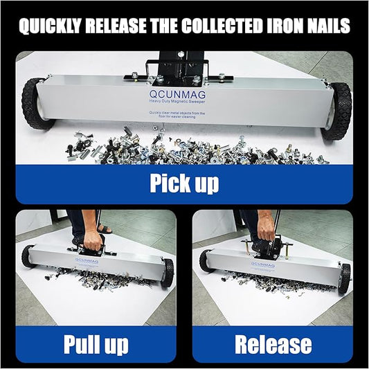 Rolling Magnetic Sweeper with Wheels, 18-inch Large Magnet Pickup Lawn Sweeper, Push-Type Magnetic Pick Up Sweeper, Magnet with Telescoping Handle, Easy Cleanup of Workshop Yard Garage