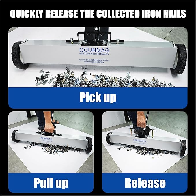 Rolling Magnetic Sweeper with Wheels, Telescoping Magnetic Pickup Tool, 40-Pound Capacity Heavy-Duty Floor Magnet Roller to Pick Up Nails, Adjustable Handle for Garage Yard (24-Inch)