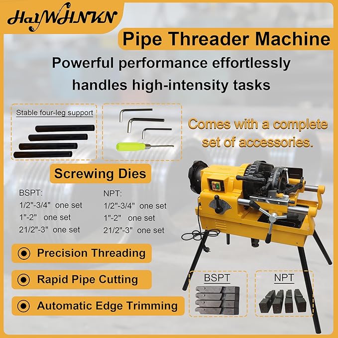HayWHNKN Pipe Threader Machine, 1/2" to 3" Electric Pipe Threading Machine Cutter, 220V 750W Heavy Duty Power Threader with NPT & BSPT Dies, for Pipes in Plumbing, Electrical and Gas Installation