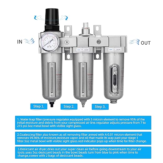 NANPU 3/4" NPT Industrial Grade 3 Stage Air Drying System - Particulate Filter, Coalescing Filter, Desiccant Dryer & Air Regulator, Metal Bowl, Auto Drain, Suitable for Paint Spray竊?Plasma Cutter