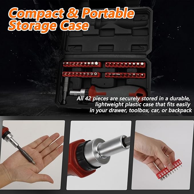 42-in-1 Ratcheting Multi-Bit Screwdriver Set, 40 Bits, 60mm Extension Bar, 1/4?쇺?Magnetic Driver Handle, 40 Bits- Torx, Slotted, Phillips, Square竊똇ex, Pozidriv & Security Bits Included