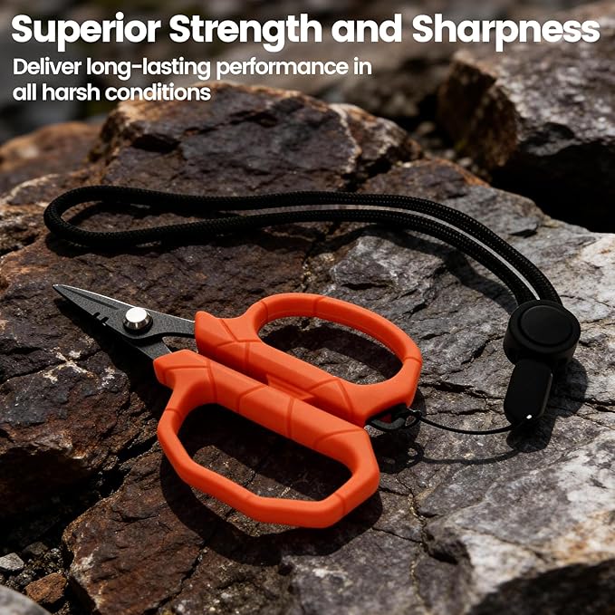 Pristis Fishing Scissors with Lanyard, Stainless Steel Blades Line Cutter with Non-slip Grip, Saltwater Durable Micro Serrated Edge Multi Tool, Small Mini Gear Kit for Braided Mono Fluorocarbon Line