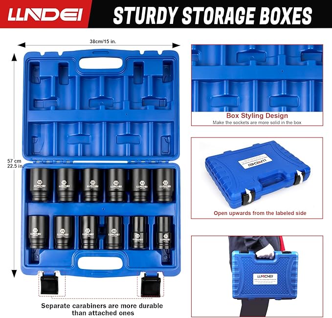 LLNDEI 3/4 inch Drive Impact Socket Set, 12 Piece Heavy Duty CR-MO Deep/Jumbo Sockets 6 Point Design, Metric 21mm-38mm, for Large Vehicle and Apparatus Maintenance