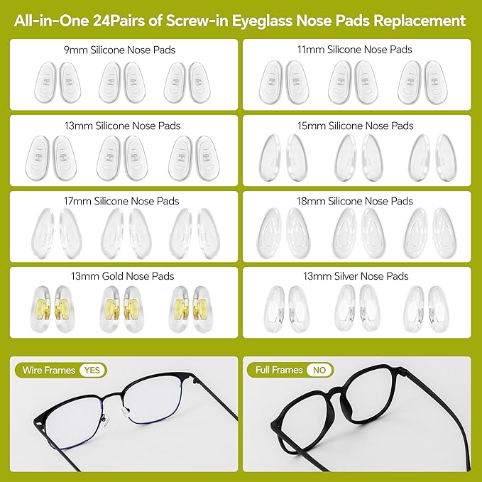 Eyeglass Nose Pads Replacement, 24 Pairs of Screw-in Glasses Nose Pads with Precision Screwdriver Set, Magnetic Eyeglass Repair Kit with Screws, Curved Tweezer for Travel, Birthday Gift, Christmas