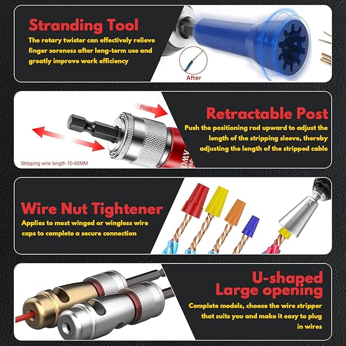 Wire Stripper Twister Tool for Drill, 2025 Upgraded US Regulations Impact Wire Stripping Tool & Wire Twisting Connector for Drill 6-14 AWG, 9 in 1 Professional Electrician Tools Gift Set