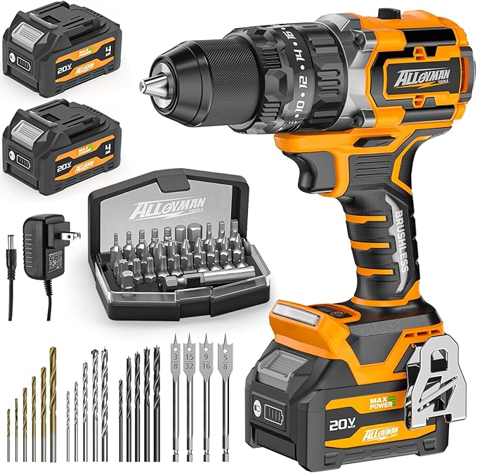 Alloyman 20V MAX Cordless Hammer Drill, Max 620 In-lbs, 31500BPM, Brushless Motor, 1/2" Keyless Metal Chuck, 20+3 Torque Settings, Impact Drill Kit for Drilling Brick Wall, Metal