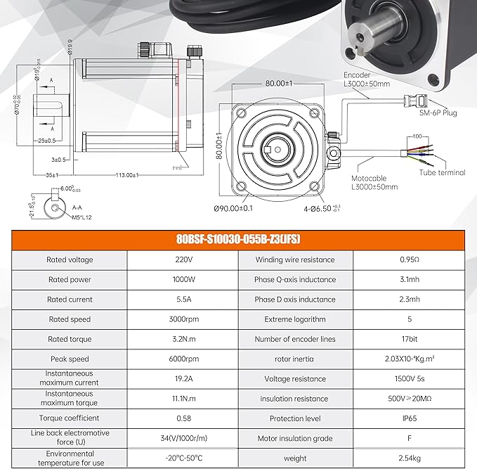Without Brake 1000W AC Servo Motor Kit, CNC 220V 5.5A 3000rpm L3000 17-bit Encoder RS485 Servo Motor Driver Controller Kit for CNC Engraver Milling Machine/Robot