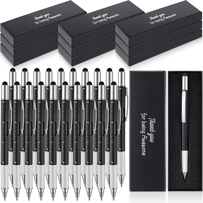 20 Sets Employee Appreciation Gifts for Adult Men Multi Tool Pen with Motivational Quote Boxes Stocking Stuffers Bulk for Father's Christmas White Elephant Gifts (Black)
