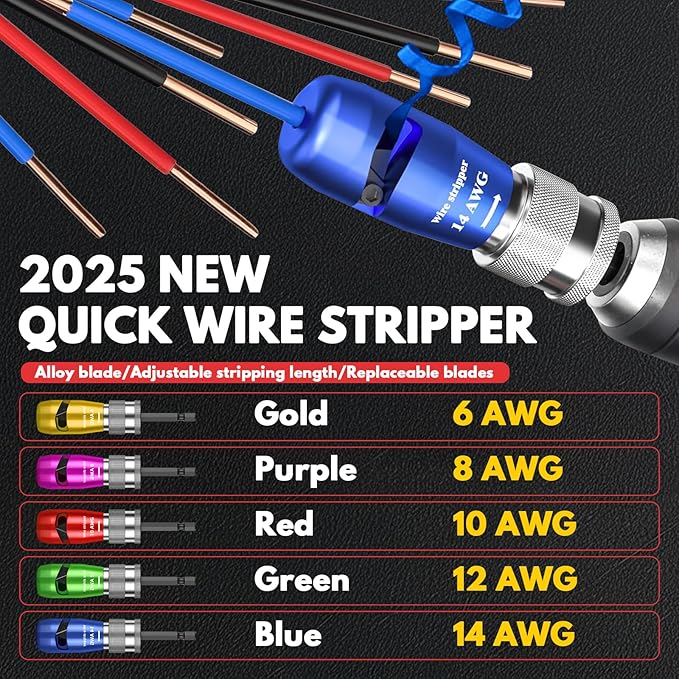 Wire Stripper Twister Tool for Drill, 2025 Upgraded US Regulations Impact Wire Stripping Tool & Wire Twisting Connector for Drill 6-14 AWG, 9 in 1 Professional Electrician Tools Gift Set