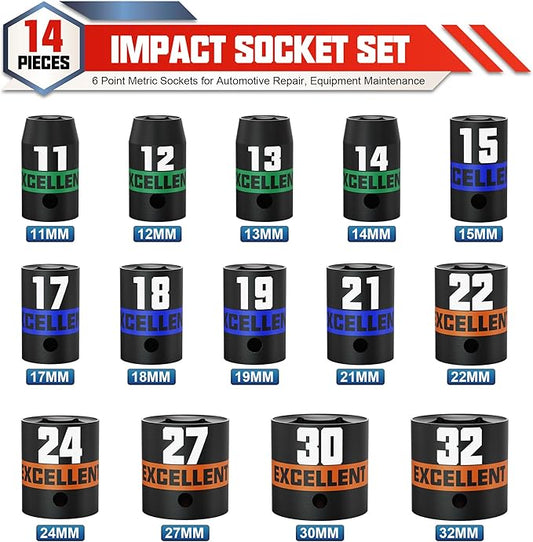 14 Pieces 1/2-Inch Drive Impact Socket Set, 11-32mm Shallow Socket, 6 Point Metric Sockets for Automotive Repair, Equipment Maintenance