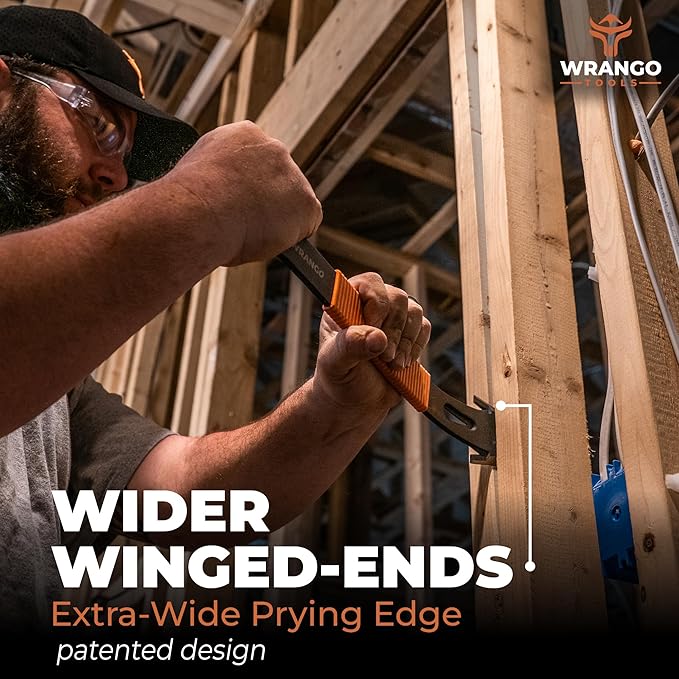 Wrango Tools 15" Flat Bar Pry Bar - Heavy Duty Crowbar with Nail Puller - High Carbon Steel with Soft Shock Absorbing Grip & Wide Winged Ends - Demolition Tools for Home Improvement & Construction