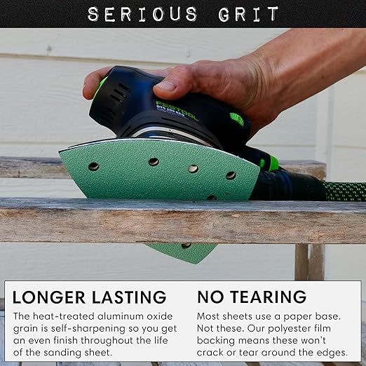 Serious Grit - 320 Grit 4" x 6" Delta (100mm x 150mm) Triangle Sanding Sheets - Fits Festool DTS 400 & Mirka DEOS Delta Sanders - Heavy-Duty Hook & Loop Film Sandpaper for Detail Sanders - 50 Pack Box