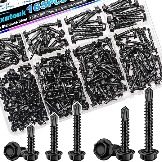 mxuteuk 165PCS #8#10 Self Tapping Screws,410 Stainless Steel Self Drilling Screws,Black Zinc Plated Hex Washer Head Sheet Metal Screws Suitable for Wood, Metal or Tough Materials