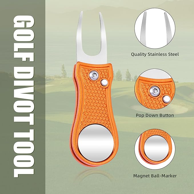Mile High Life Golf Divot Repair Tool, All Metal Foldable Divot Tool with Pop-up Button & Magnetic Ball Marker