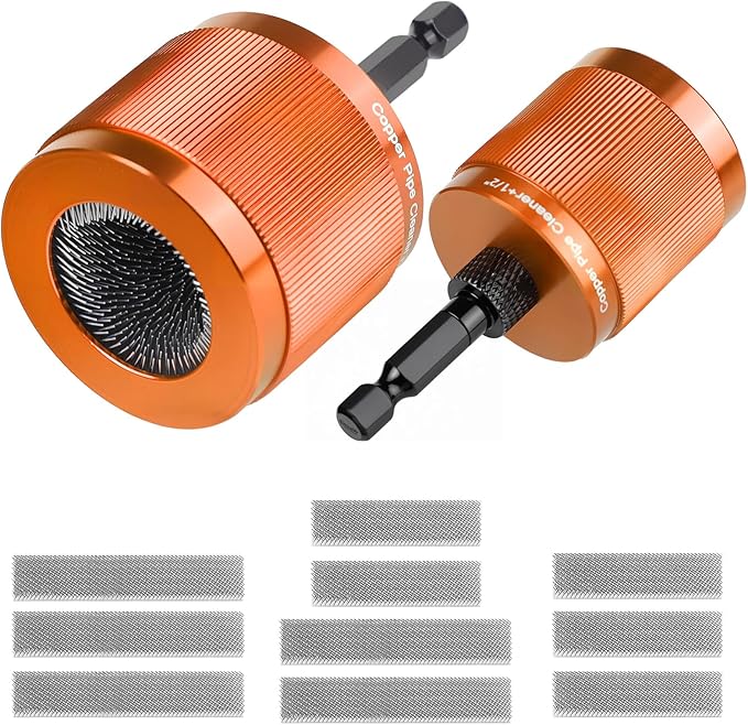 1/2" & 3/4" Copper Pipe Cleaner Set for Drill, with 1/4" Hex Shank & 10 Brush Blades Plumbing Tools for Removing Rust, Stains & Paint from Copper & Metal Pipes (Orange)