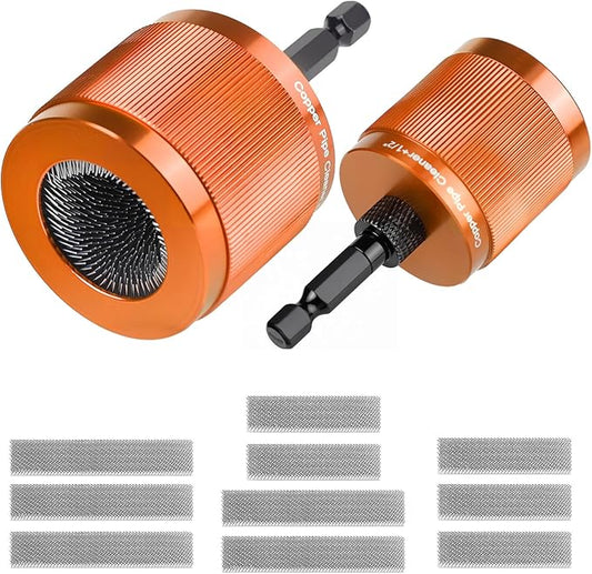 1/2" & 3/4" Copper Pipe Cleaner Set for Drill, with 1/4" Hex Shank & 10 Brush Blades Plumbing Tools for Removing Rust, Stains & Paint from Copper & Metal Pipes (Orange)