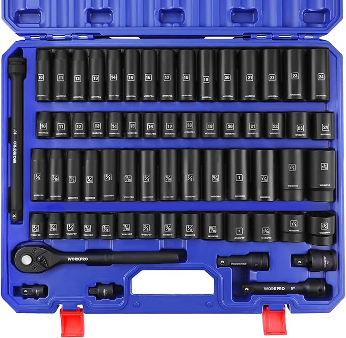 WORKPRO 1/2??Drive Impact Socket Set, 65PCS SAE(3/8??1-1/4?? and Metric(10-24mm) Deep & Shallow Kit, Ratchet Handle, Extension Bar, Impact Universal Joint and Adapters for Automotive Repair