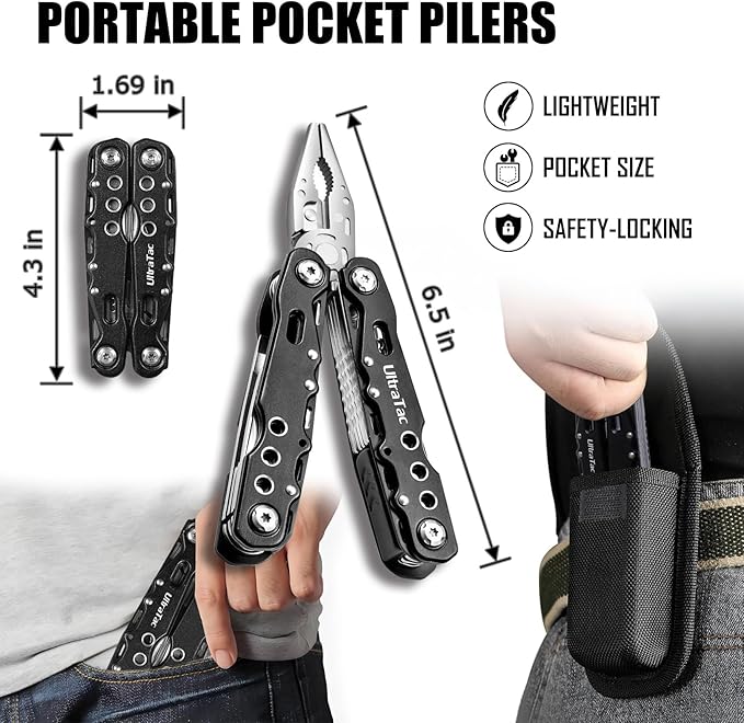 UltraTac Military Grade Multitool Gift Set for Men, Compact Survival Kit for Car Emergency, New Year or Birthday Gift for Man, Pocket EDC Tools for Camping, Hiking & Quick Fixes - Stainless Steel