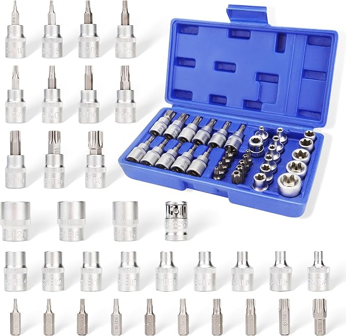PRADE&CARFT Torx Star Socket Bit Set 34 Pieces | 3/8 Inch Drive Bit Socket Set|S2 Alloy Steel | Tamper Proof Trox Bits | E-Torx(Star) Sockets