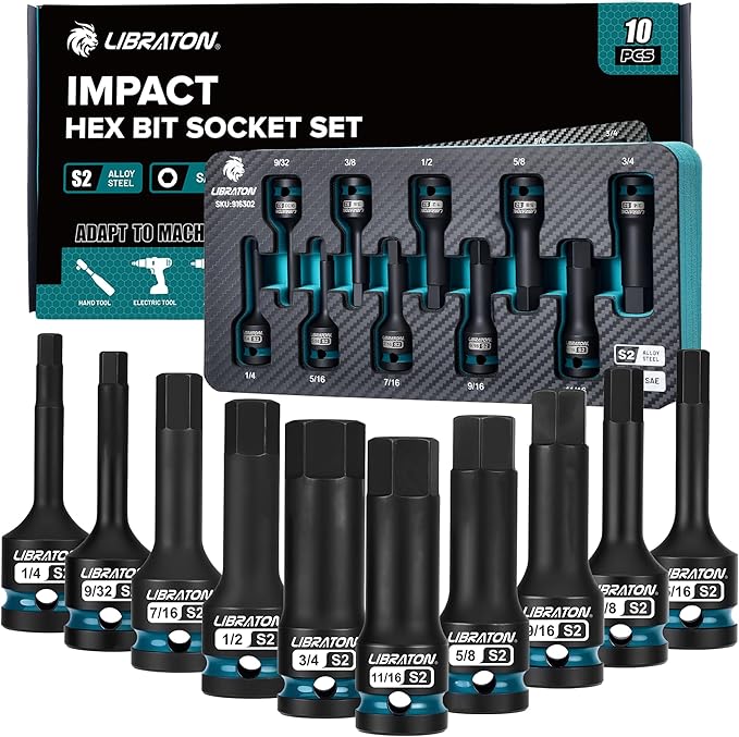 LIBRATON Impact Hex Bit Socket Set, 1/2" Dr, S2 Steel, 10PCS High Torque Sockets (SAE 1/4"-3/4") for Professional Mechanics & Automotive Repair (XPE Storage Case)