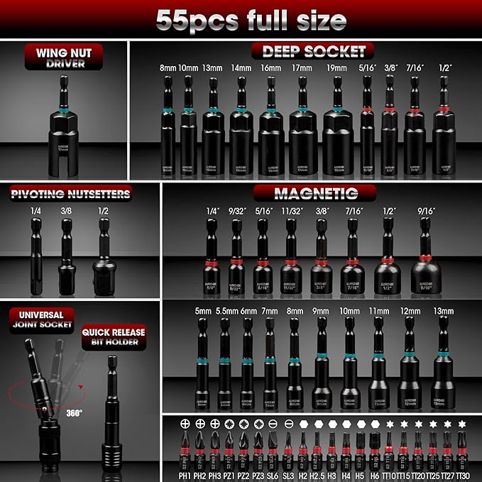 LLNDEI Magnetic Impact Nut Driver Set, 55PCS 1/4 socket set with Deep Driver Bit Sets Includes Bit Extension, Pivoting & Wing Nut Setters Compatible with Impact Drills & Deep Drivers