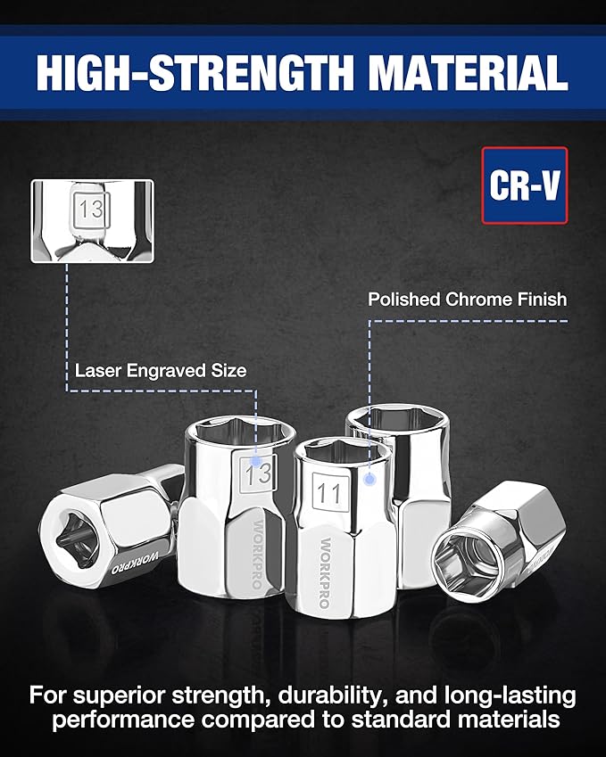 WORKPRO 1/4" Drive Socket Set, 10-Piece Metric CR-V Socket Set with Sturdy Socket Organizer, 6-Point Standard & Shallow Sockets 4mm to 13mm, External Hex Socket Set with Socket Rail for Anti Rolling