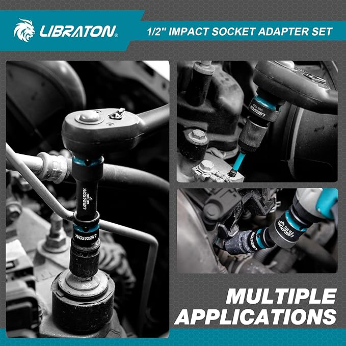 LIBRATON 1/2" Impact Socket Adapter Set 7PCS, Impact Socket Adapter Extensions 3" 6" 10", Socket Adapter Reducers, Swivel Socket, Impact to 1/4 Hex Converter, for Automotive Repair, XPE Foam