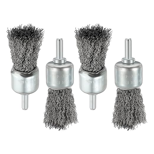 Wire Brush for Drill (1"/25mm) 4Pack, Crimping Steel Wire 0.012" (Carbon Steel) Wire Brush Drill Attachment with 1/4" Round Shank - for Rust, Cleaning, Deburring on Cast Iron