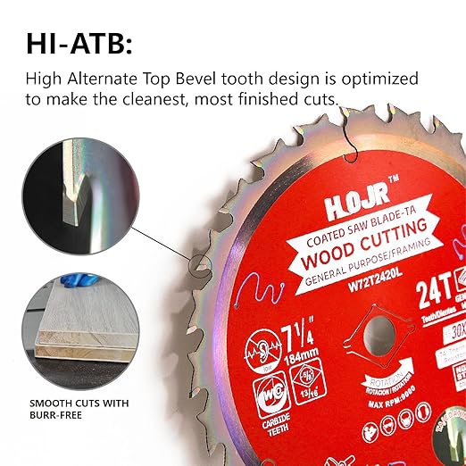 2-Pack 7-1/4" 24-Tooth 5/8" Woodworking Circular Saw Blade,Framing/General Purpose Wood Cutting,Special Anti-Thermal Adhesion Coating on Cutting Edge-TA,High Finish,Long Life, 7-1/4" 24T 5/8"