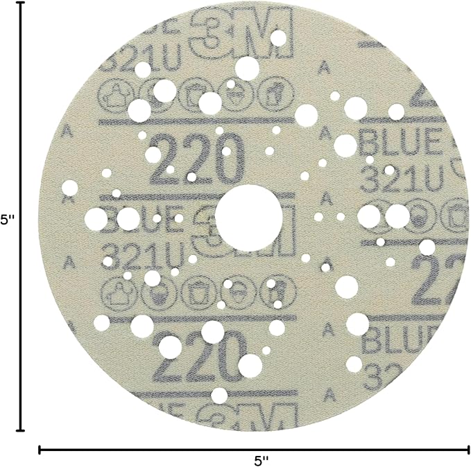 Hookit 3M Blue Abrasive Disc Multi-Hole, 36162, 5 in, 220 Grade, 50 Discs per Carton