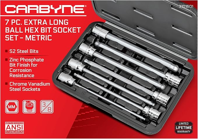 CARBYNE 7-Piece Metric Ball End Extra Long Hex (Allen) Bit Socket Set, 3mm - 10mm Sizes, 3/8 in. Drive, S2 Steel Bits, CrV Sockets ??From a Family-Run Tool Company Based in the U.S.A.