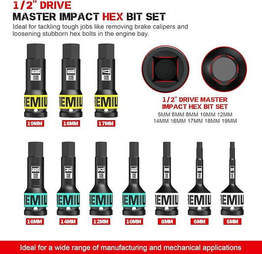 1/2" Drive Impact Hex Bit Socket, 10 Piece Allen Bit Socket Set, 5-19mm, Metric, Cr-Mo Steel, Professional Mechanic Automotive Repair Socket Set