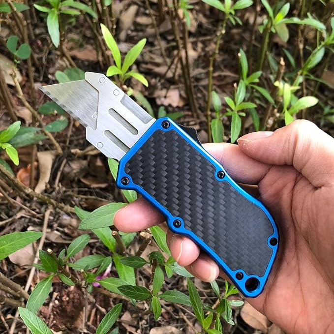 Automatic Utility Knife, Green Razor Blades Pocket Knife, Box Cutters Retractable Heavy Duty, Premium Safety Push Button Knife with 5PCS Blades (Blue)