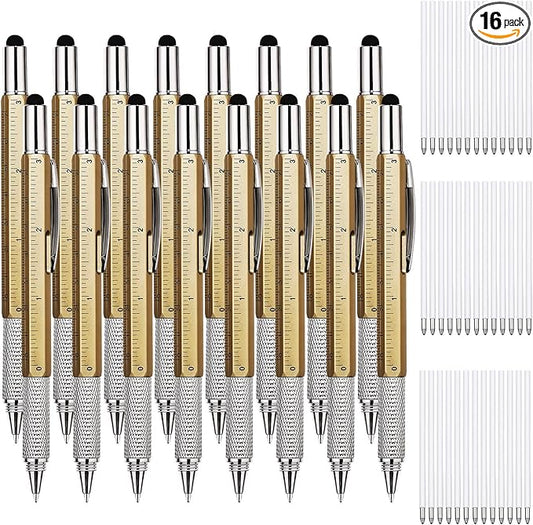 Zhanmai 16 Pcs Multitool Pens 6 in 1 Multi-tool Pen Set with Refills for Men's Birthday Gifts, Christmas Stocking Stuffers for Men Dad Husband (Gold Color)