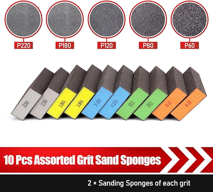 10 Pcs Sanding Sponge, Washable and Reusable Sanding Block 60/80/100/120/180/220 Grit Sand Paper Assortment for Wood Drywall Metal Glasses Sandpaper Block Sand Paper Brick