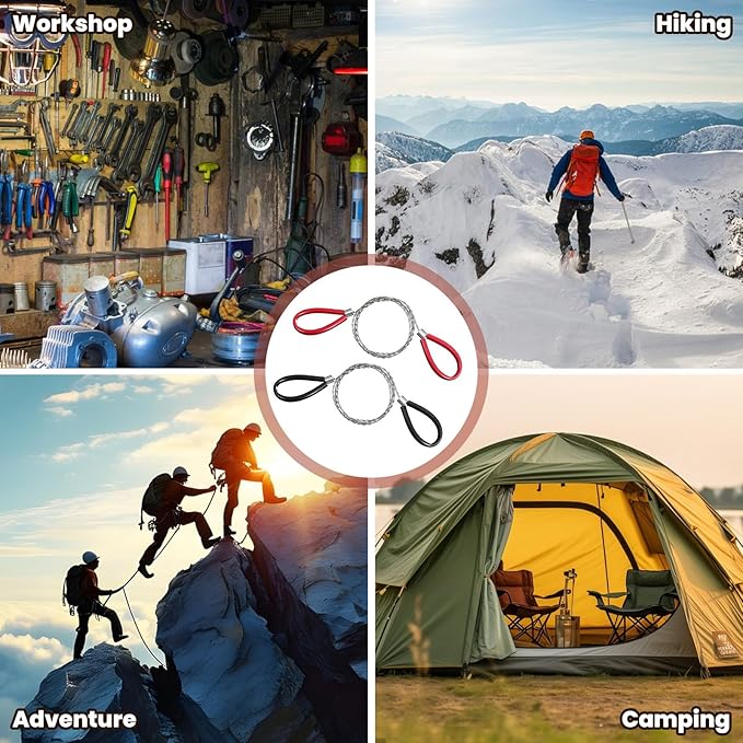 Stainless Steel Cable Saw, 4 Pcs Metal Wire Saws, Hand Pocket String Rope Saw, PVC Pipe Cutting Tool, Emergency Survival Rope Cutting Tools for Camping Hiking Hunting, 27.56 Inch (Red and Black)