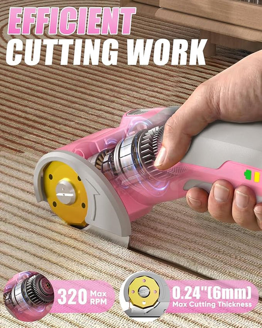 4V Cordless Electric Scissors with LED Light, Rechargeable Cardboard Box Cutter, Wrench & Titanium-Coated Replacement Blade for Fabric, Leather, Carpet & Plastic(Pink & Grey)