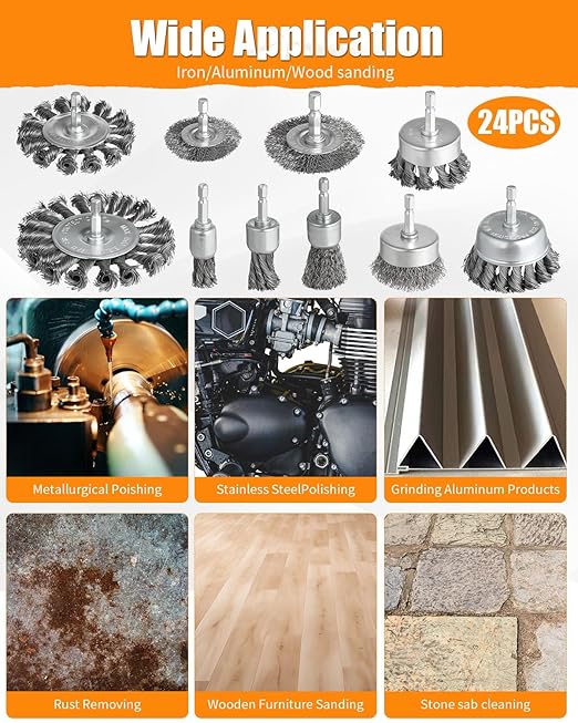 24 Pcs Wire Wheel Brush for Drill, Heavy Duty Drill Wire Brush Set, 1/4'' Hex Shank Wire Brush Drill Attachments Coarse Carbon Steel Crimped, Great for Cleaning Rust, Paint, Abrasive