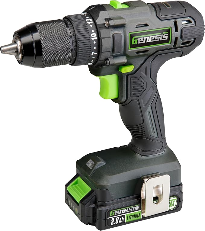 Genesis 20V 1/2" Cordless Drill with Battery and Charger, Metal Ratcheting Chuck, 450 in-lbs, 2.0Ah Battery and Charger (GLCD2012B)