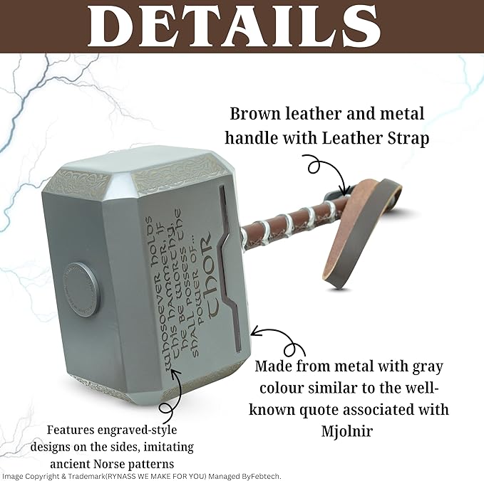 Hammer 15-Inch Metal, Full Size Adult Collectible with Engraving, Handmade Leather Wrap (Grey)