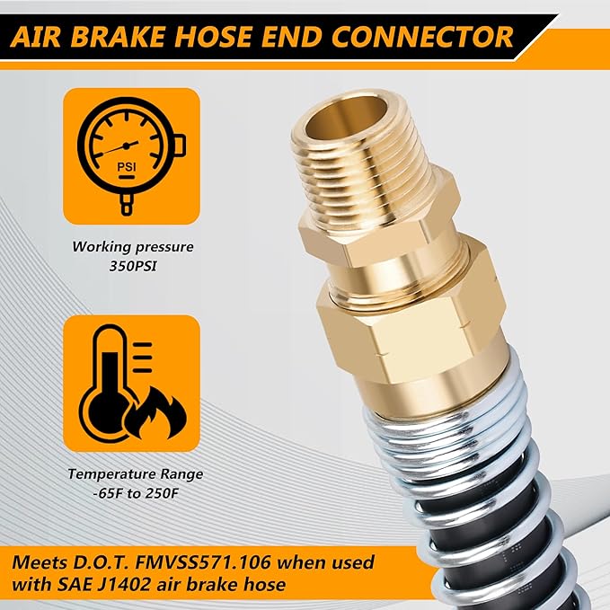 Brass DOT Air Brake Hose End Fitting, 3/8??Hose x 3/8??Male Connector with Spring Guard, 2 Pack Air Brake Hose Fitting with 2 Pack Fitting Sleeve Tube