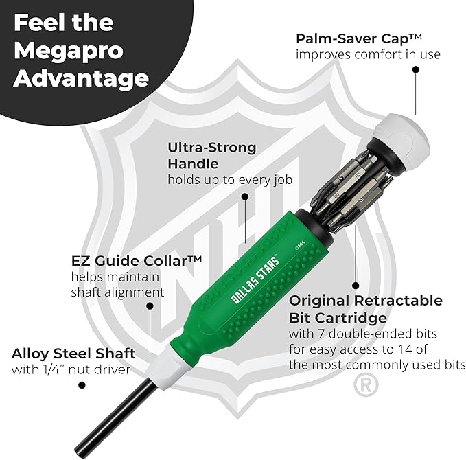 MEGAPRO짰 NHL짰 Team Edition Multi-bit Screwdriver | Officially Licensed NHL짰 Gear | Durable, Ergonomic, Pro-Grade Screwdriver (Dallas Stars??
