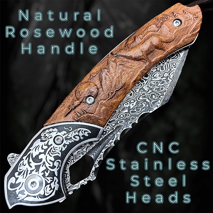 TACTICAL GEARZ Damascus Pocket Knife, Custom Carved Rosewood Handle, Includes Custom Leather Sheath (Timber XT)