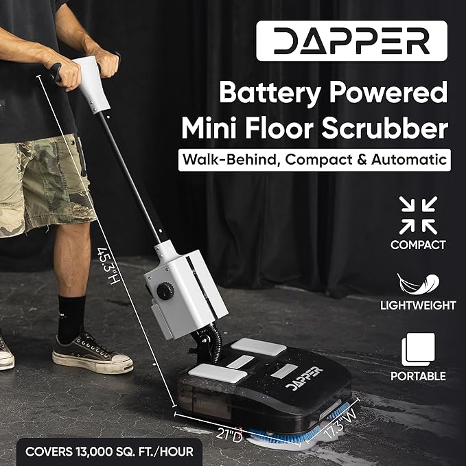 Battery Powered Walk Behind Mini Automatic Floor Scrubber Machine – Compact & Portable, 16” Cleaning Width, 1.5h Runtime, 3-Speed Brush – Ideal for Small Commercial Spaces, Offices, Retail