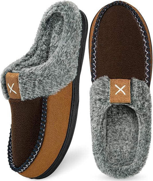 Homitem Mens Slippers Moccasins Memory Foam Fuzzy Slippers for Men Wool-Like Plush Fleece Lined House Shoes Indoor Outdoor Anti-Skid Rubber Sole Home Bedroom