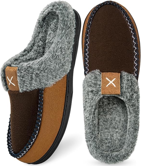 Homitem Mens Slippers Moccasins Memory Foam Fuzzy Slippers for Men Wool-Like Plush Fleece Lined House Shoes Indoor Outdoor Anti-Skid Rubber Sole Home Bedroom
