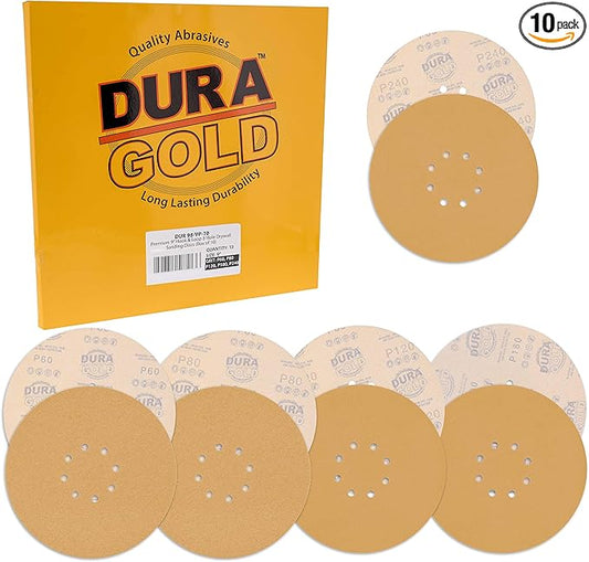 Dura-Gold Premium 9" Drywall Sanding Discs Variety Pack Box - 60, 80, 120, 180, 240 Grit (2 Discs Each, 10 Total) - 8 Hole Pattern Sandpaper Discs with Hook & Loop Backing, Fast Cut For Power Sander