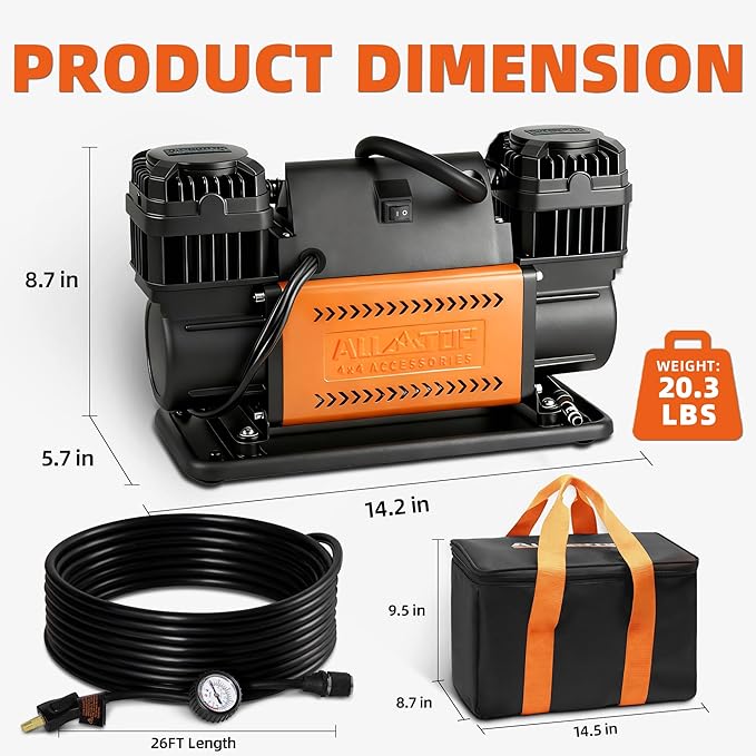 ALL-TOP Air Compressor Kit, Dual Cylinder 12V Portable Inflator 12.35 ft쨀/Min, Offroad Air Compressor Pump for Truck Tires, Heavy Duty Max 150 PSI for 4x4 Vehicle & RV